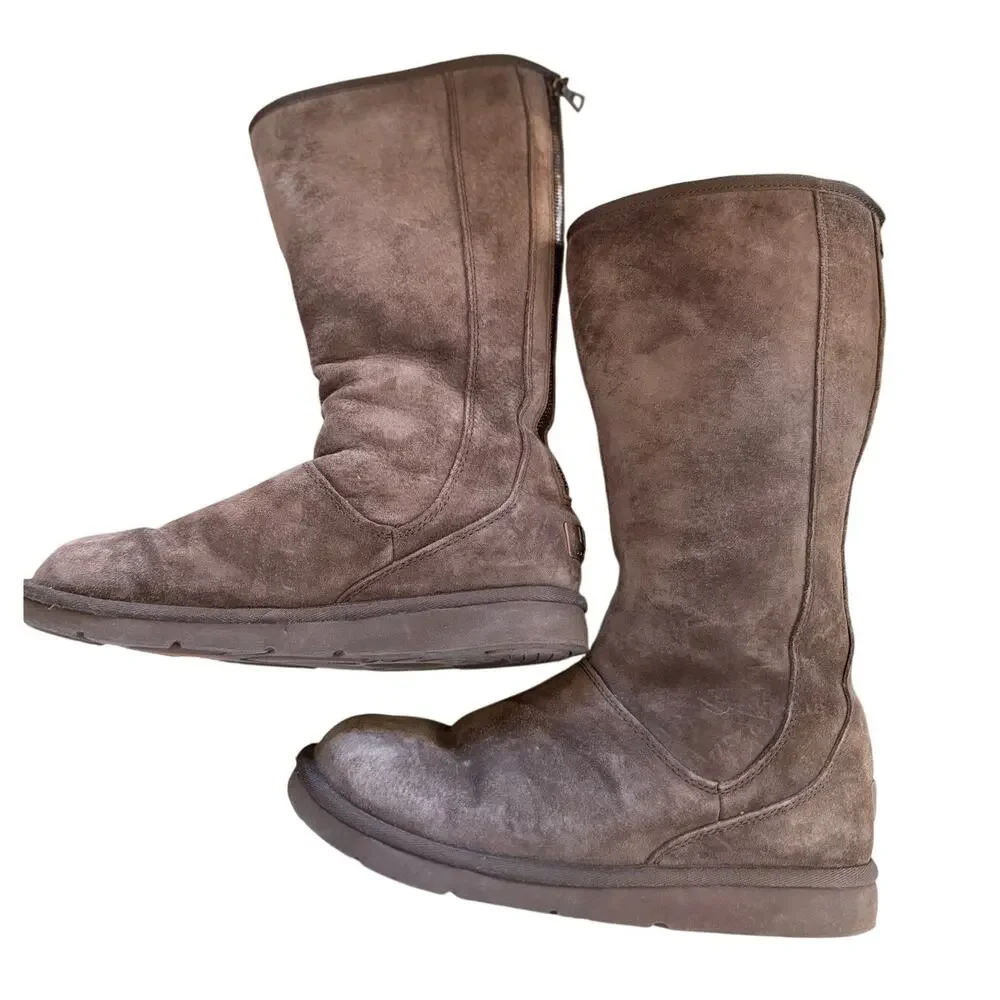 Vintage Y2K Tall Knightsbridge Brown Below Knee Suede Shearling Back Zip Boots